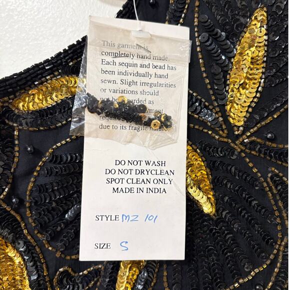 Vintage Black & Gold Beaded Cocktail Dress – Art Deco Sequin Short Sleeve Party - Picture 6 of 9